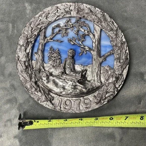 Vintage 1979 Michael Ricker‎ Rocky Mountain Christmas Pewter Glass Wall Plaque